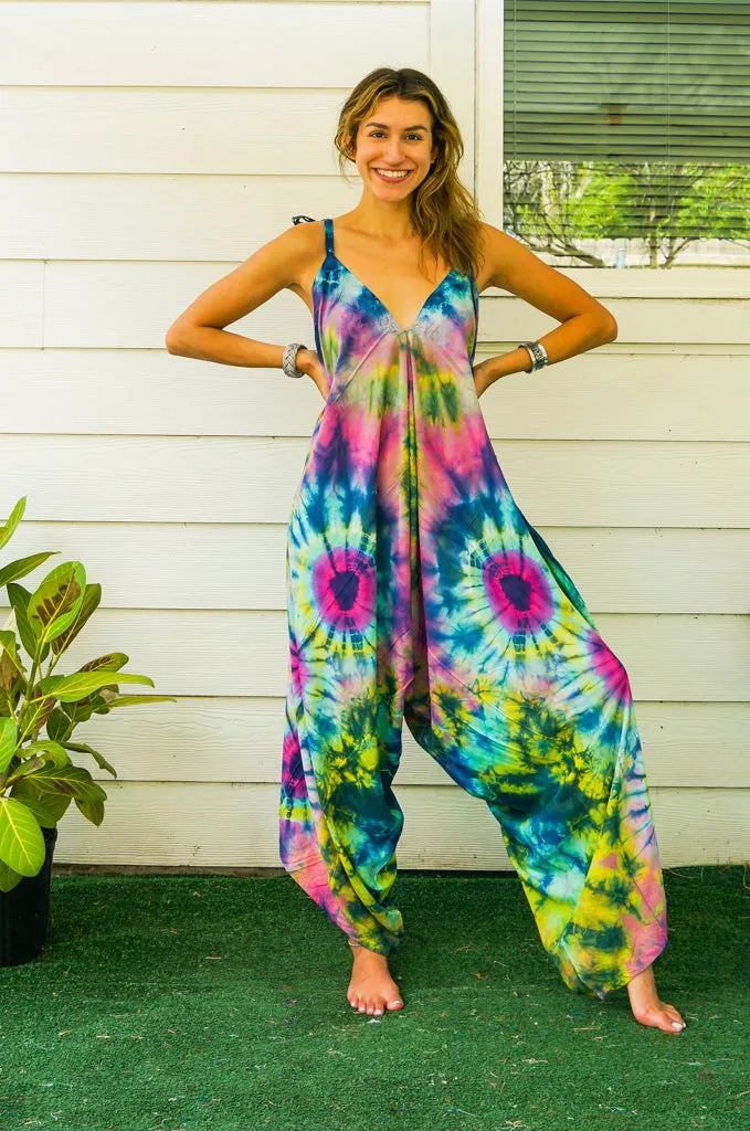 J92- Hand Dyed Wide Leg Boho Hippie Jumpsuits Rompers Pants with Pockets