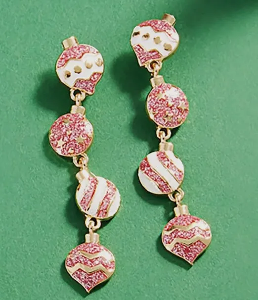 Jewelry - Enamel Christmas Ornament Link Dropdown Earrings, Pink