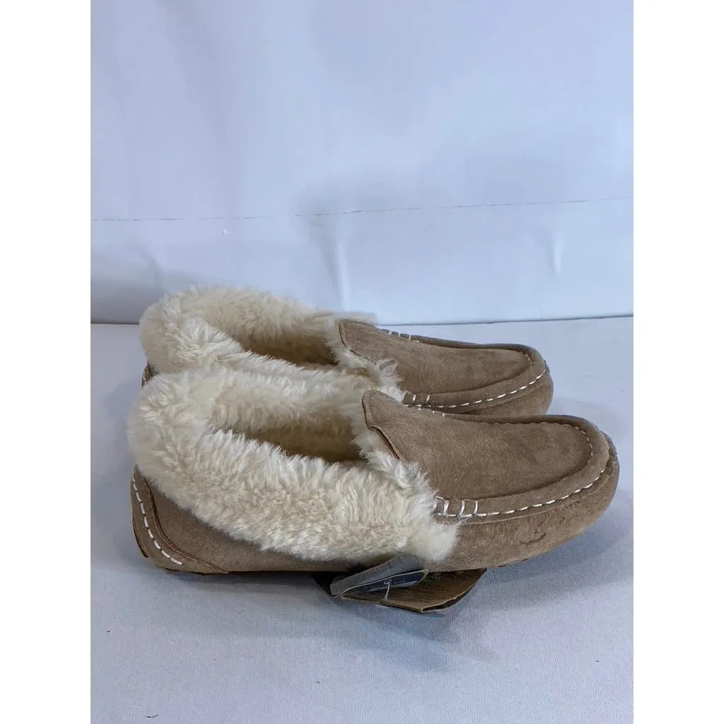 LAMO Women's Tan Suede Faux-Fur Aussie Moc-Toe Cirrus Memory Foam Slipper SZ 7