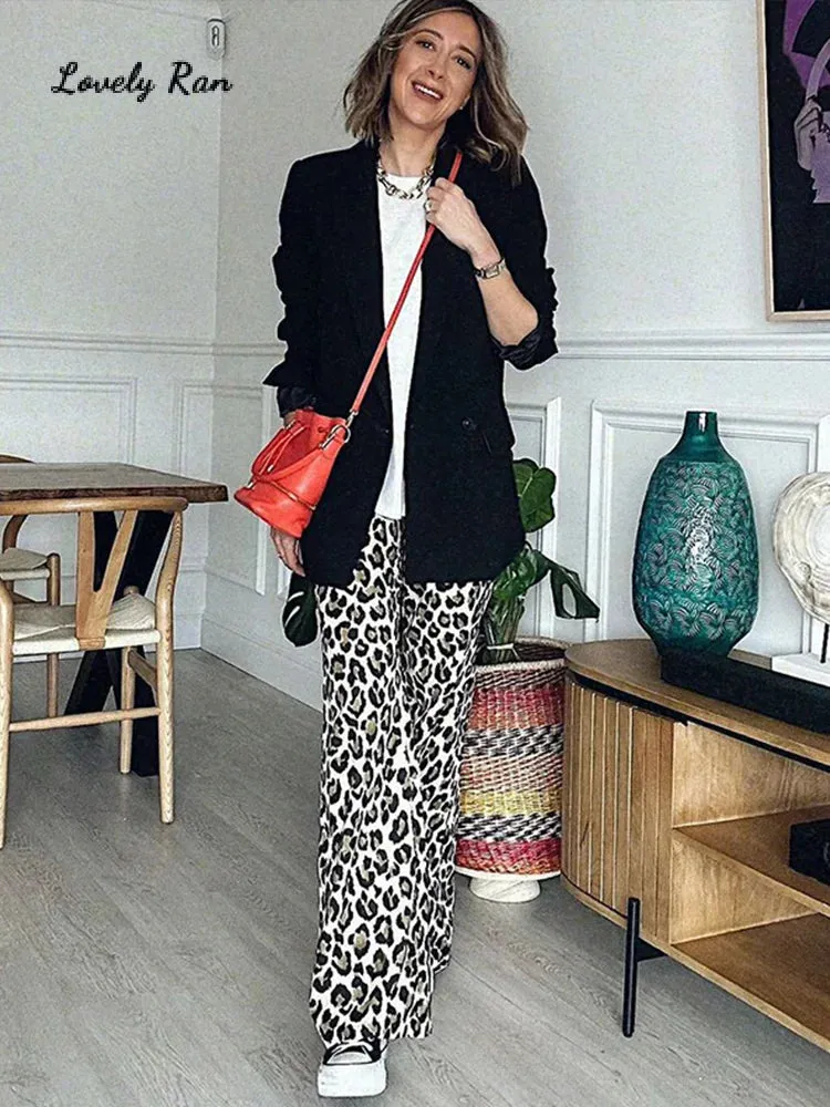 Leopard Flared Pants Women Street Button Zippers Pocket Female Trouser