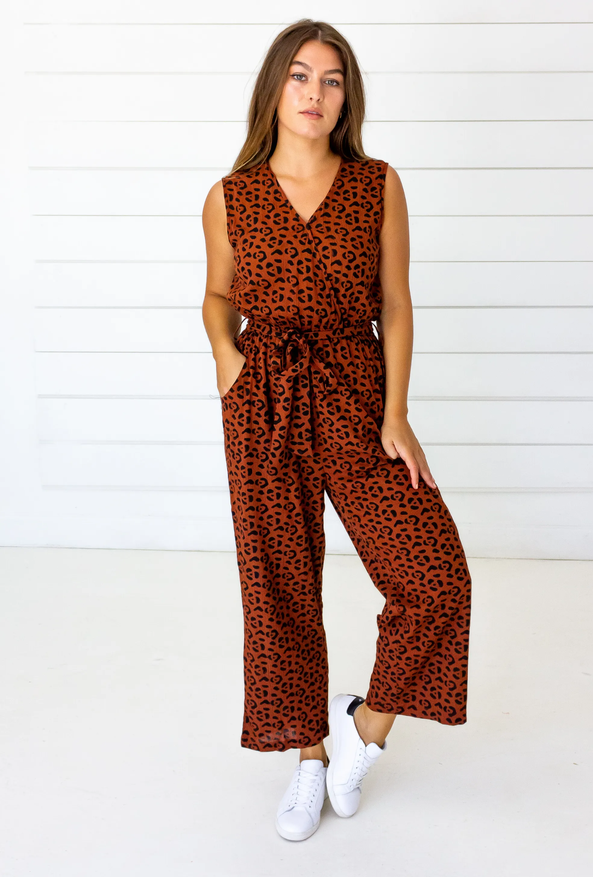 Leopard Sleeveless Jumpsuit in Sienna   Black