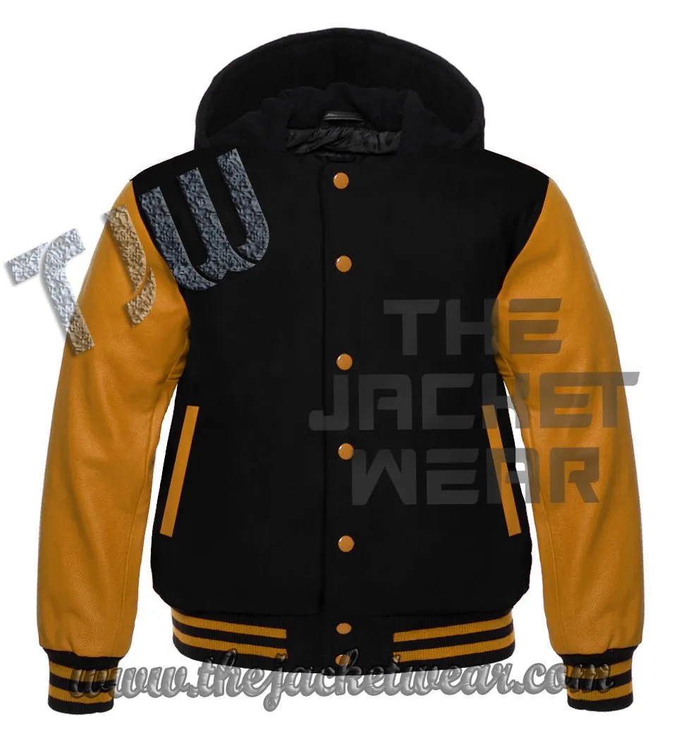 Lettermen Hoodies Black Wool & Gold Leather Sleeve with Black/GoldTrim