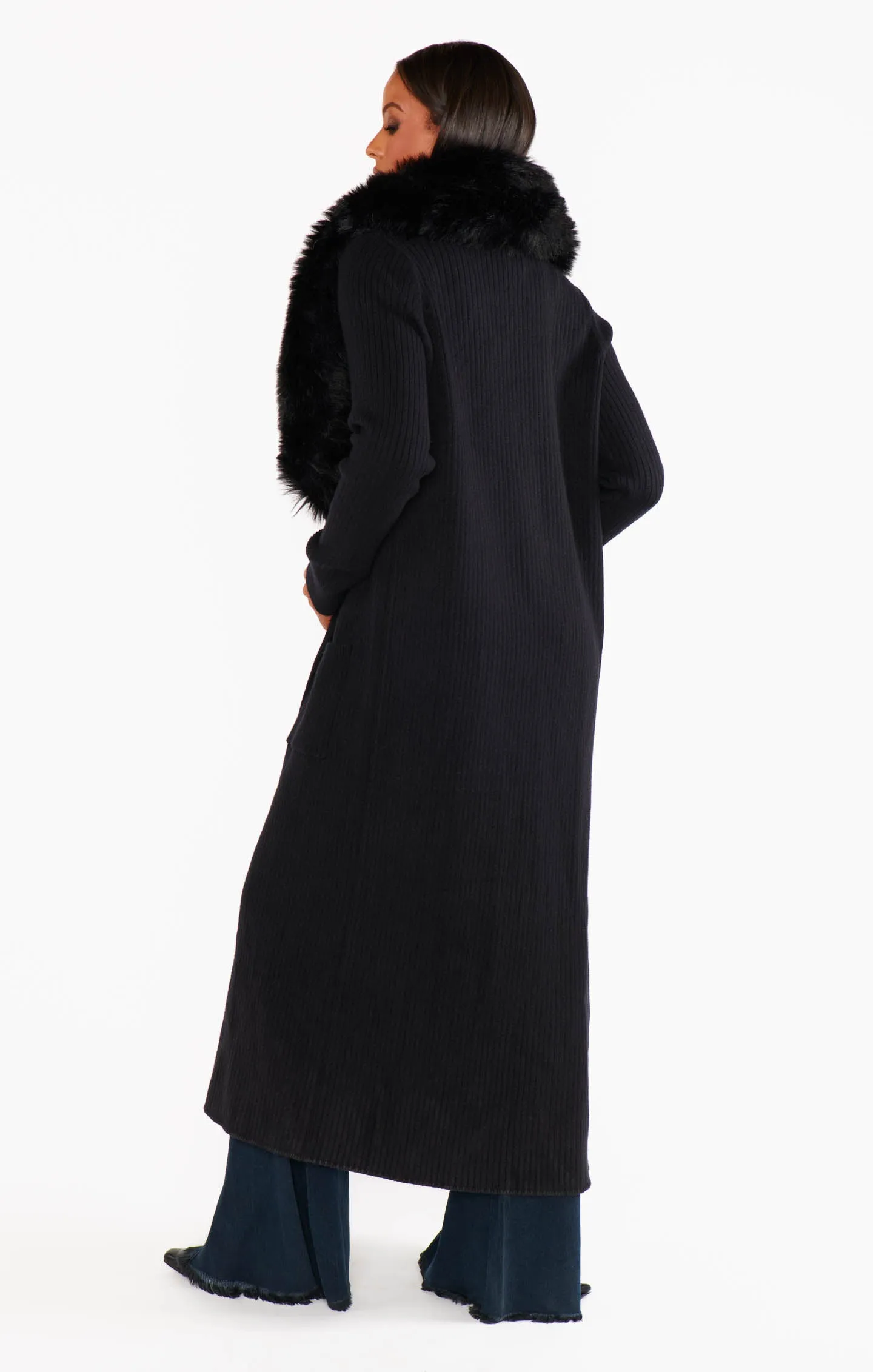 Lombard Long Cardigan | Black Knit with Faux Fur