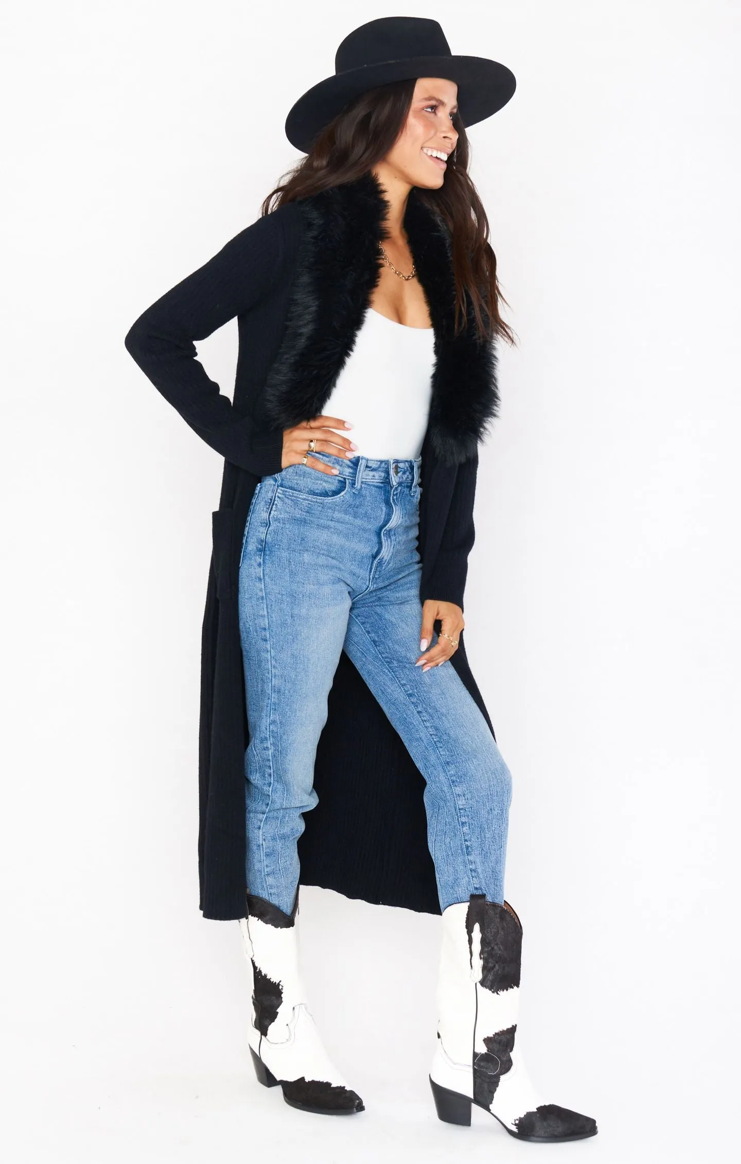 Lombard Long Cardigan | Black Knit with Faux Fur