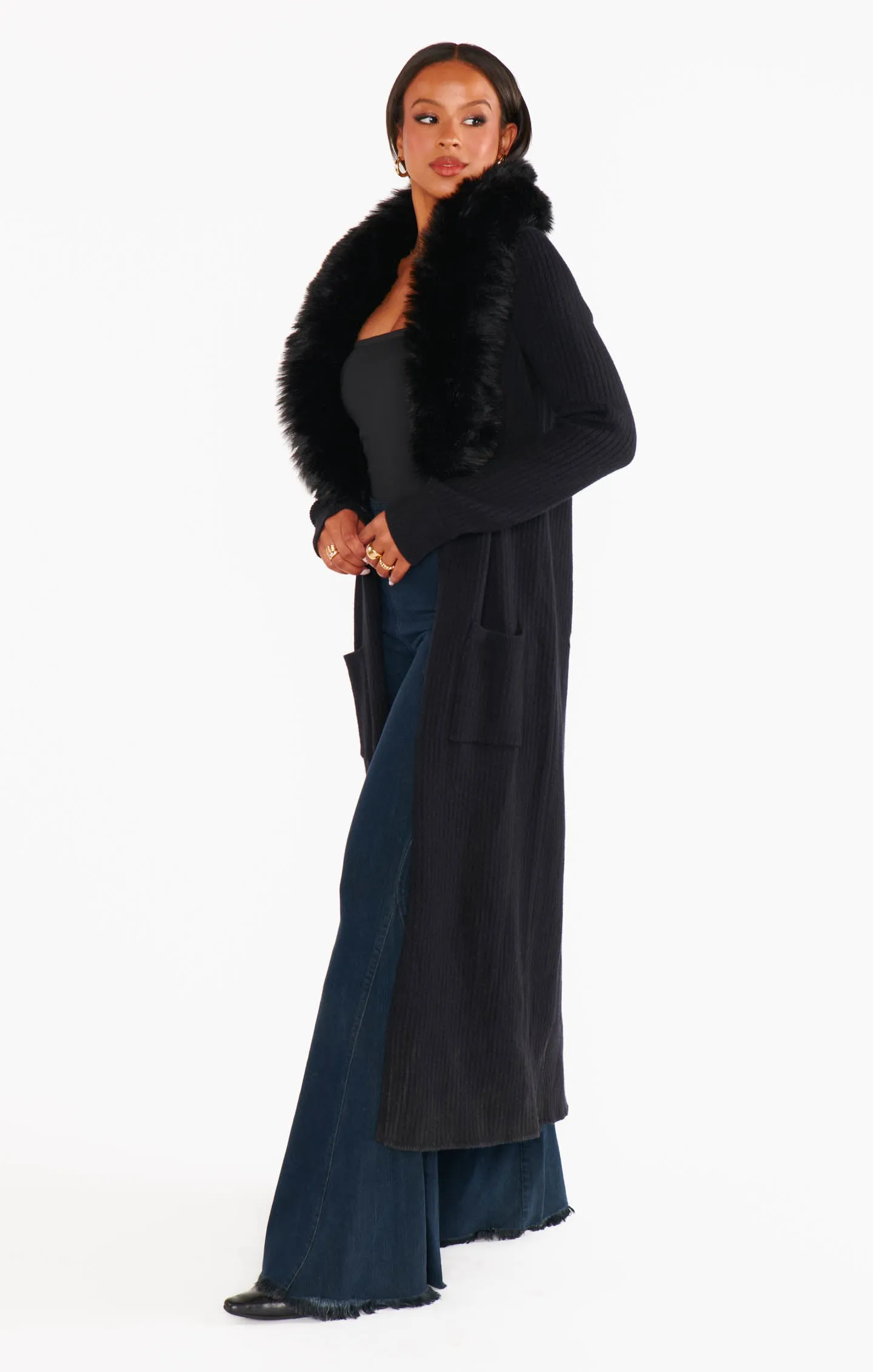 Lombard Long Cardigan | Black Knit with Faux Fur