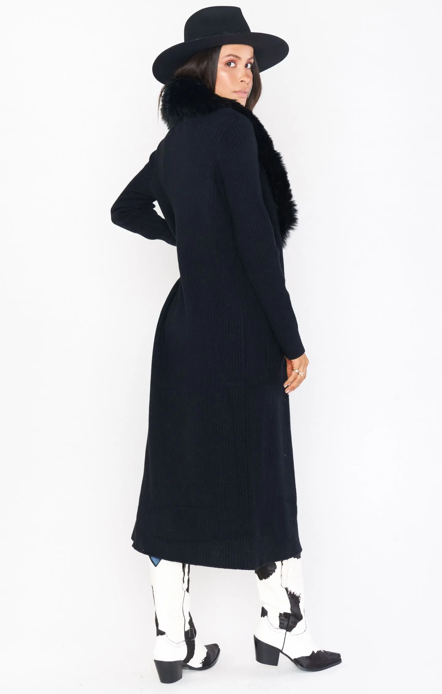 Lombard Long Cardigan | Black Knit with Faux Fur