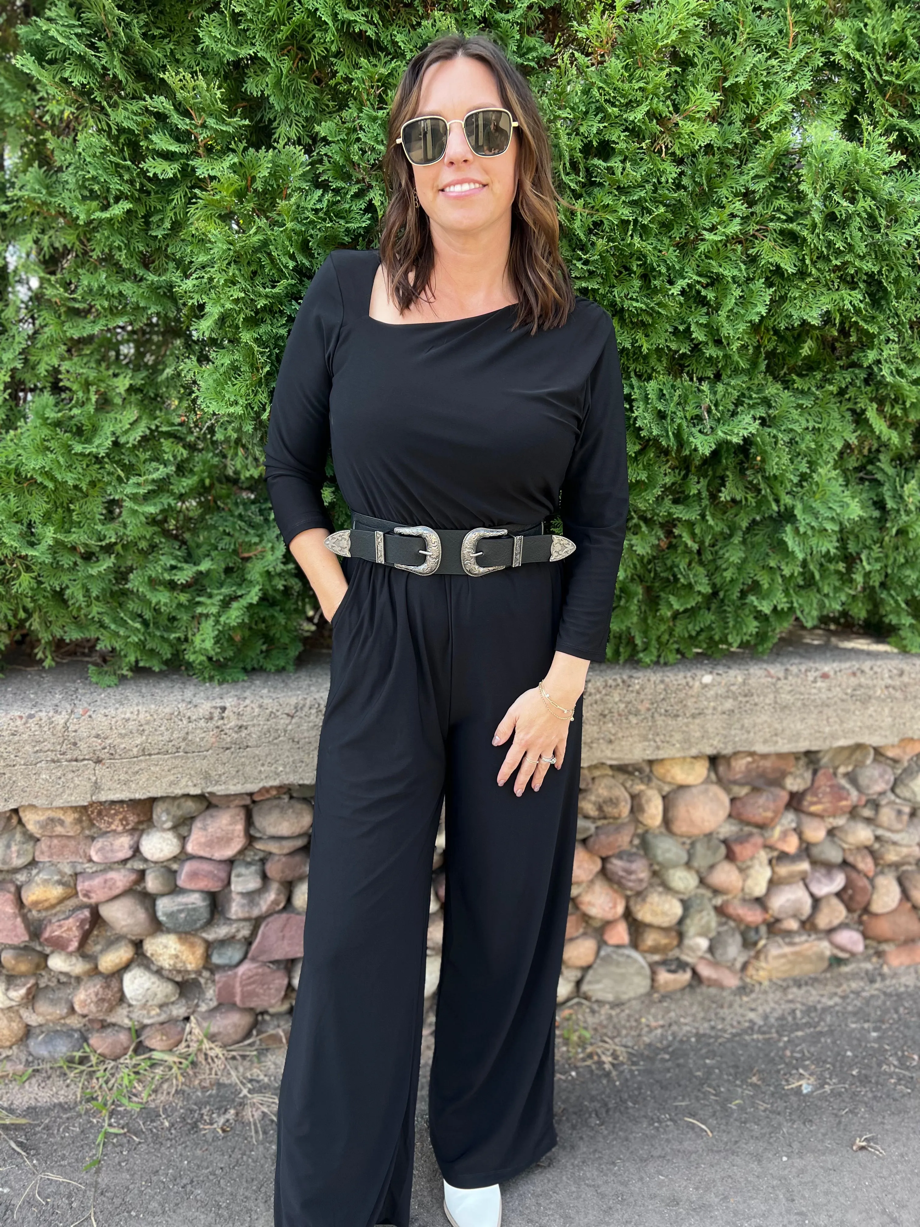 Long Sleeve Unbalanced Neck One Shoulder Jumpsuit