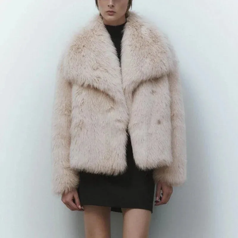 Luxury Gradient Faux Fur Overcoat with Big Fur Collar Fluffy Jacket