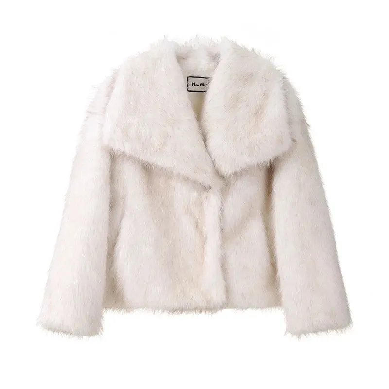 Luxury Gradient Faux Fur Overcoat with Big Fur Collar Fluffy Jacket