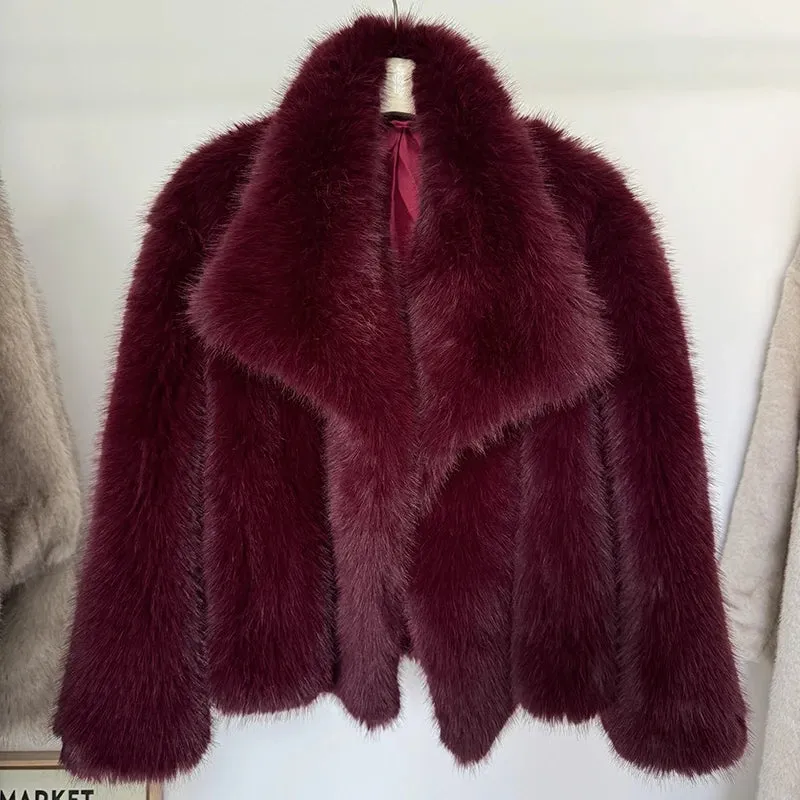 Luxury Gradient Faux Fur Overcoat with Big Fur Collar Fluffy Jacket