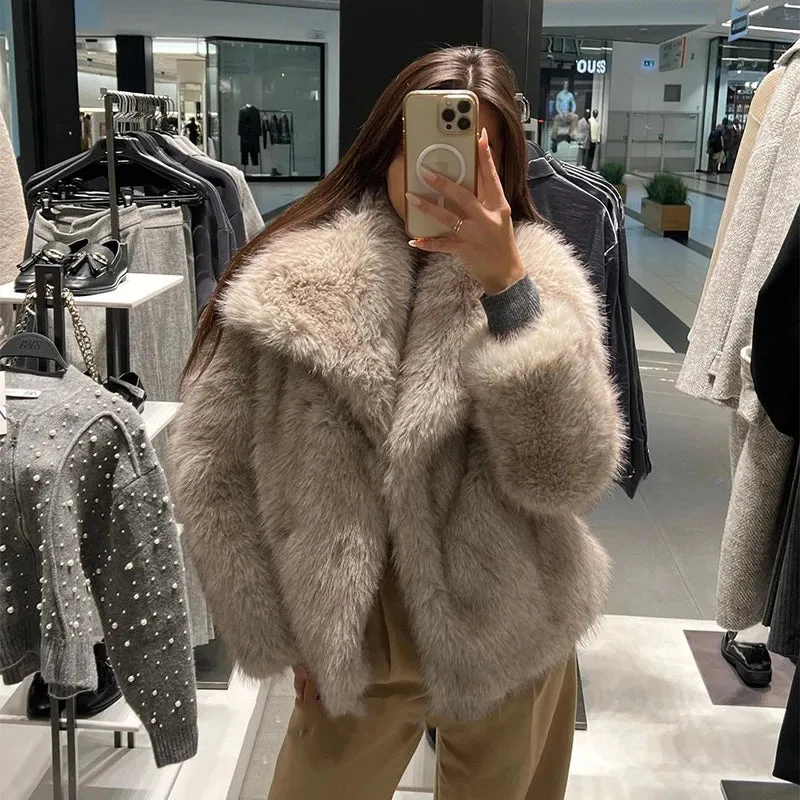 Luxury Gradient Faux Fur Overcoat with Big Fur Collar Fluffy Jacket