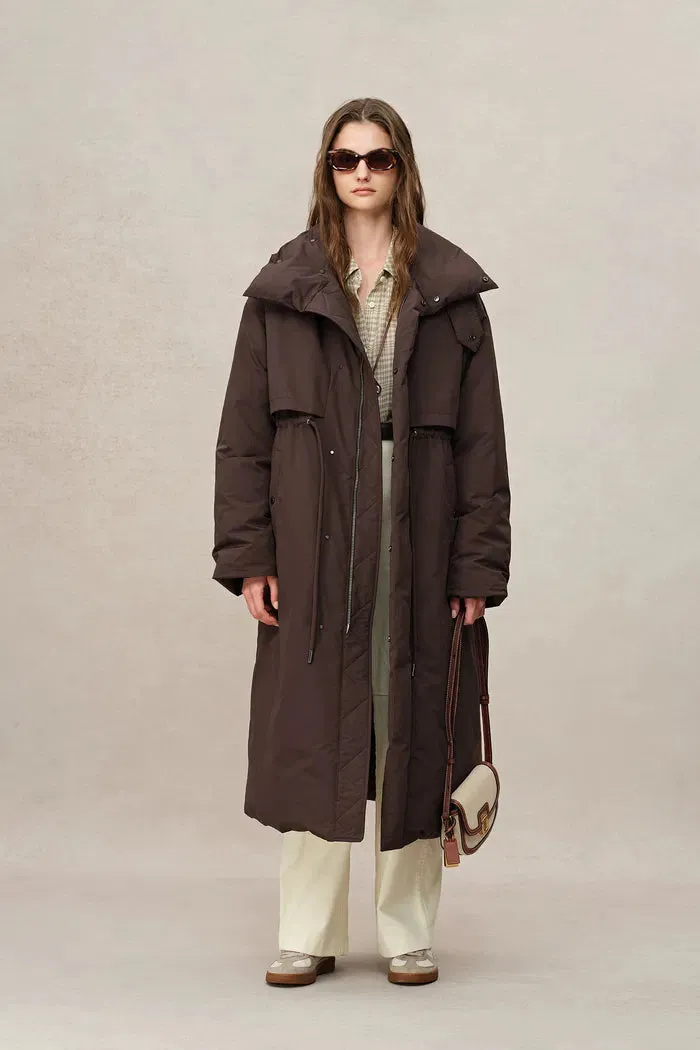 Maddalena UltraLight Brown Long Down Coat in Tear and Water Repellent Fabric