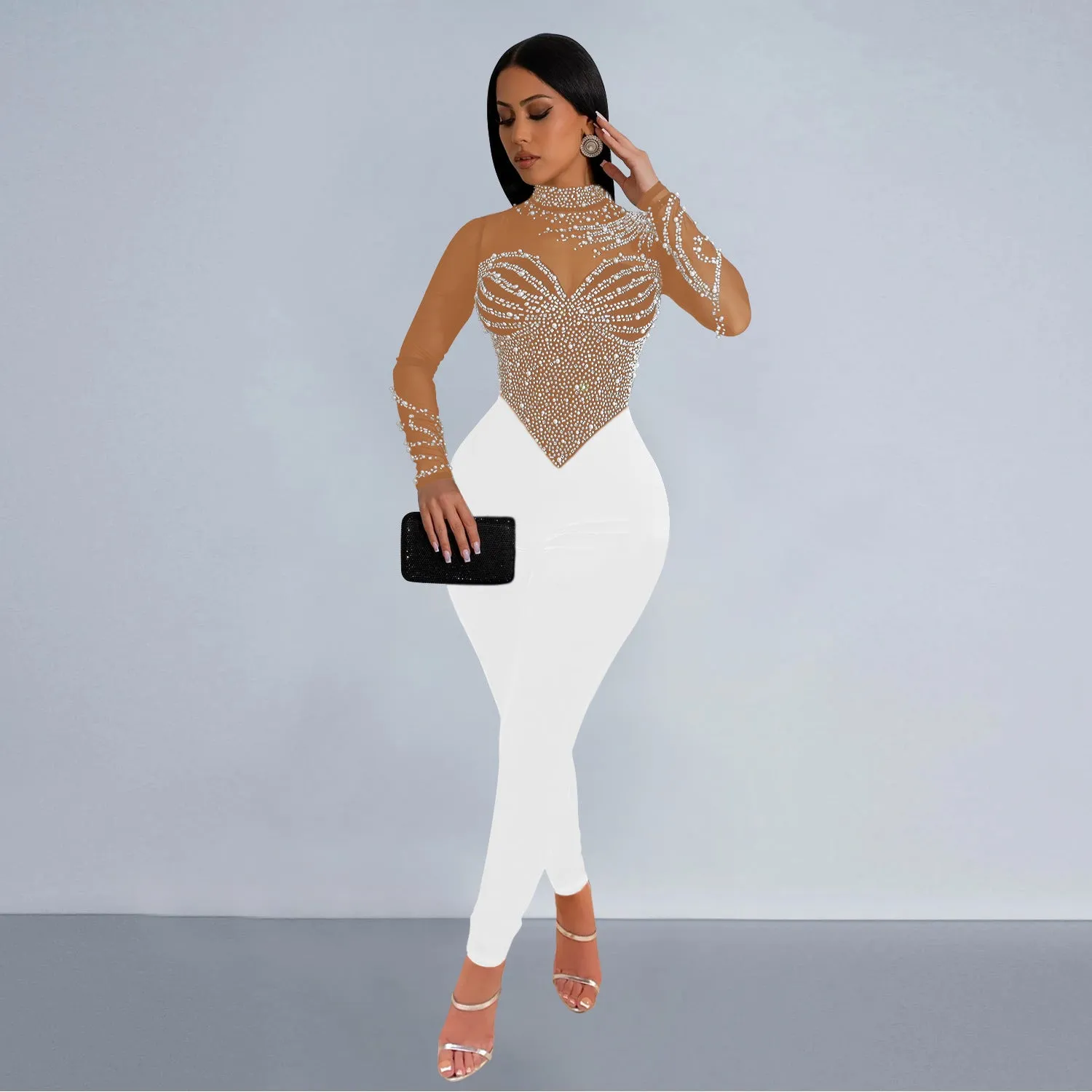 MB2202 diamond round neck long sleeve hollow out jumpsuit solid bodycon casual sexy bodysuit for women