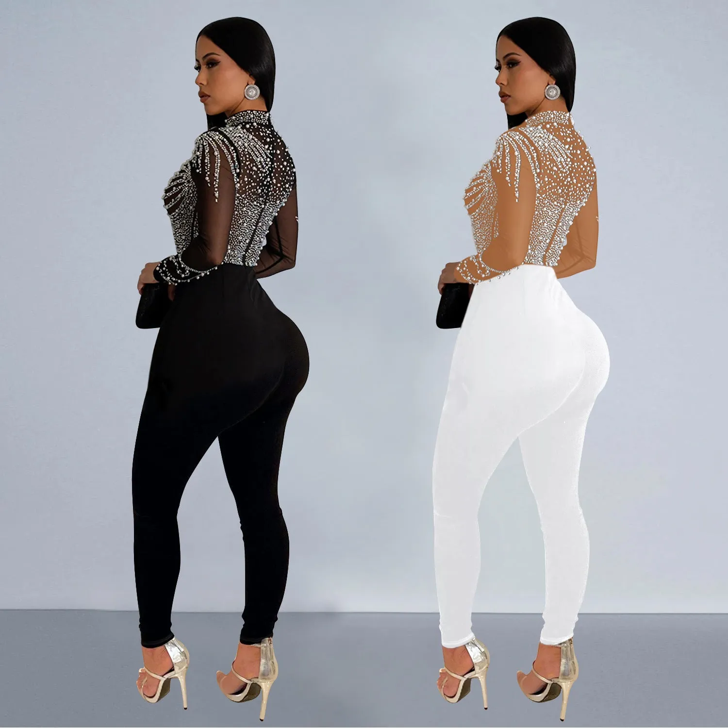 MB2202 diamond round neck long sleeve hollow out jumpsuit solid bodycon casual sexy bodysuit for women