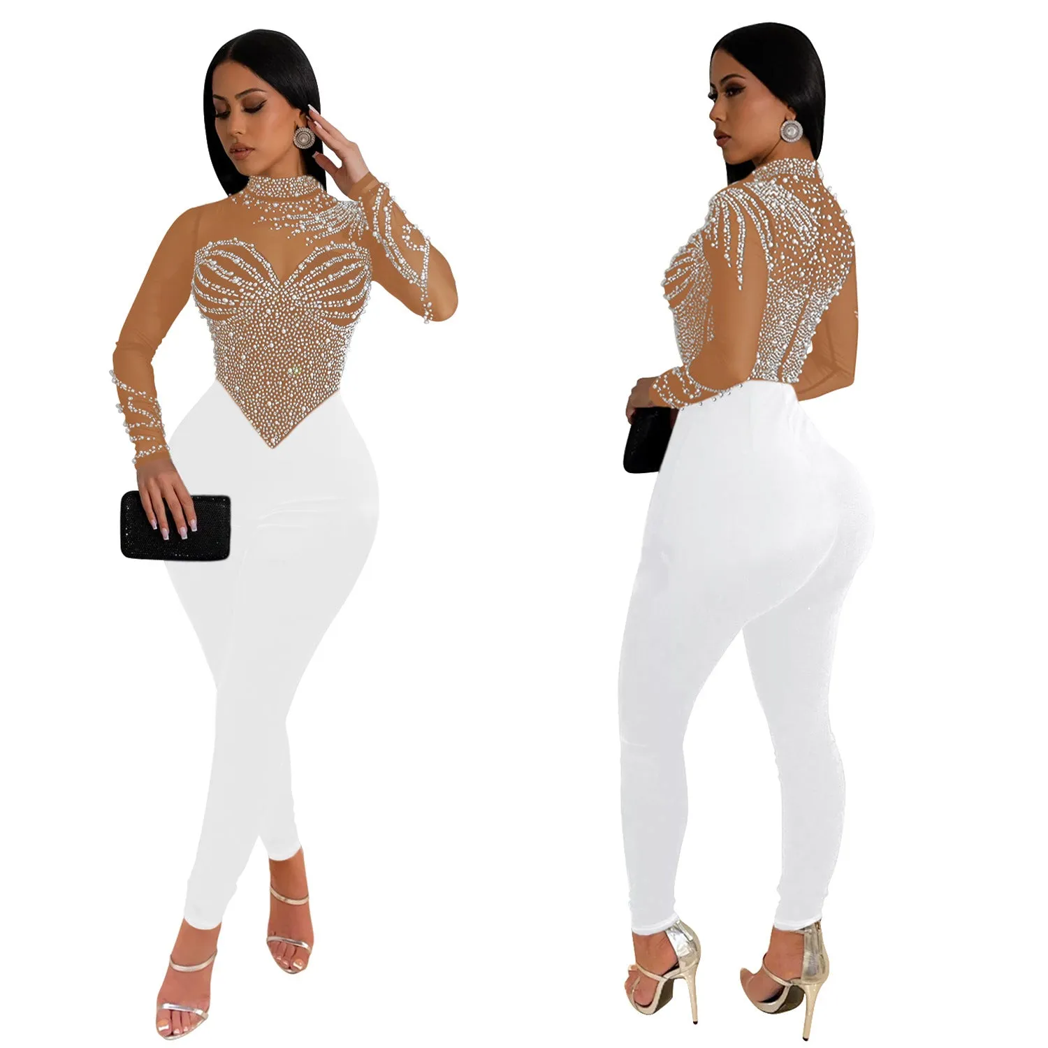 MB2202 diamond round neck long sleeve hollow out jumpsuit solid bodycon casual sexy bodysuit for women