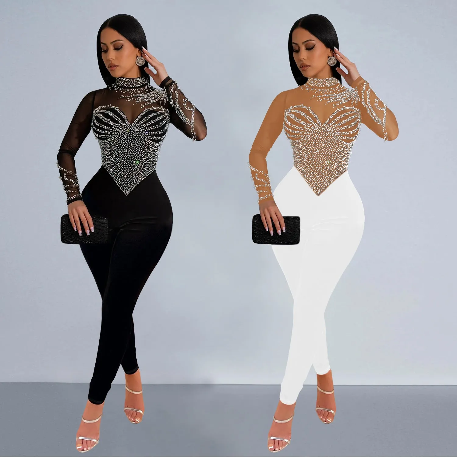 MB2202 diamond round neck long sleeve hollow out jumpsuit solid bodycon casual sexy bodysuit for women