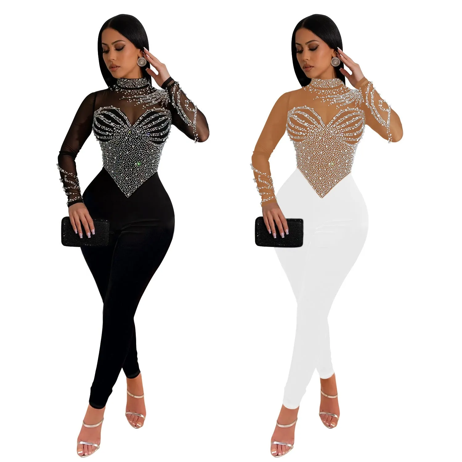 MB2202 diamond round neck long sleeve hollow out jumpsuit solid bodycon casual sexy bodysuit for women