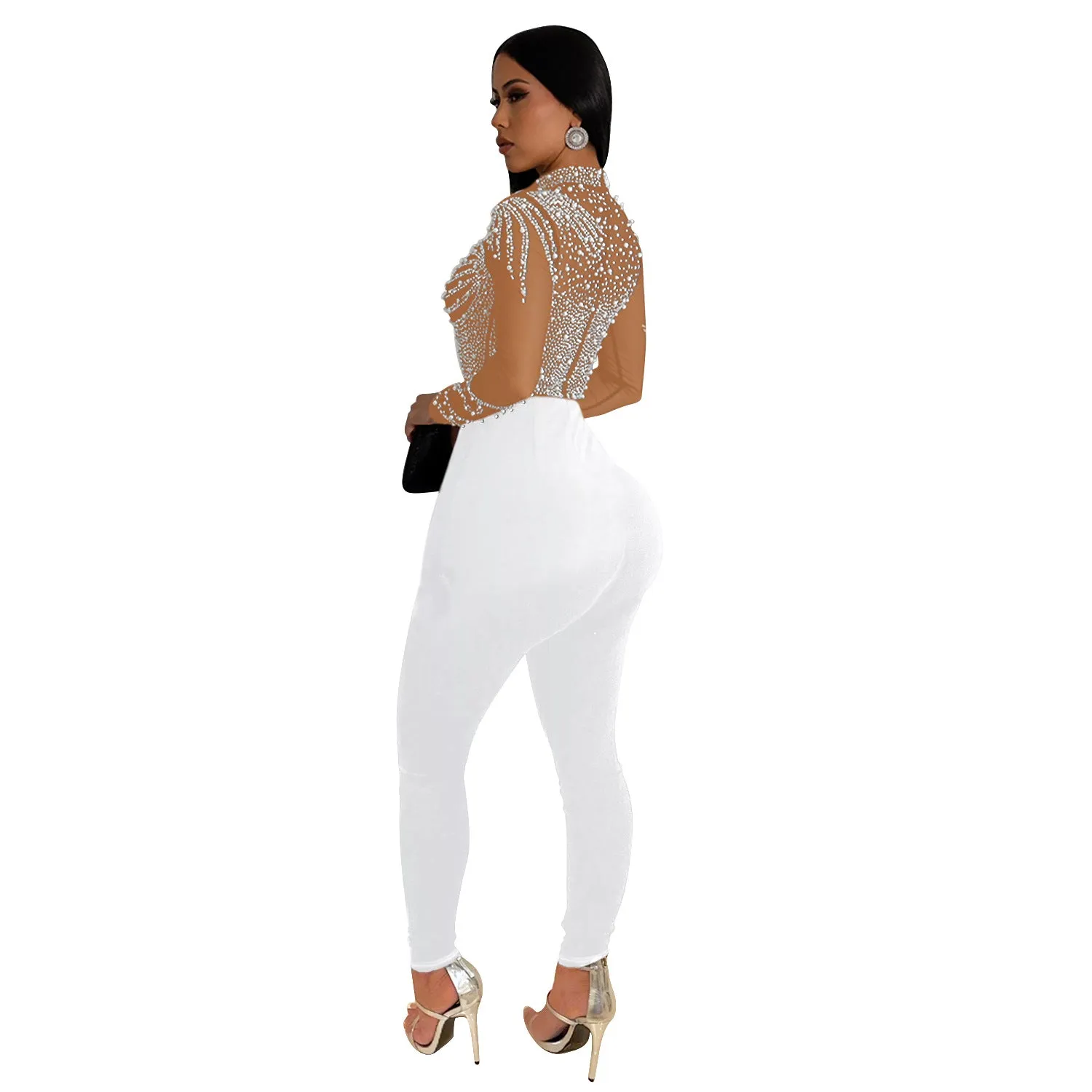 MB2202 diamond round neck long sleeve hollow out jumpsuit solid bodycon casual sexy bodysuit for women