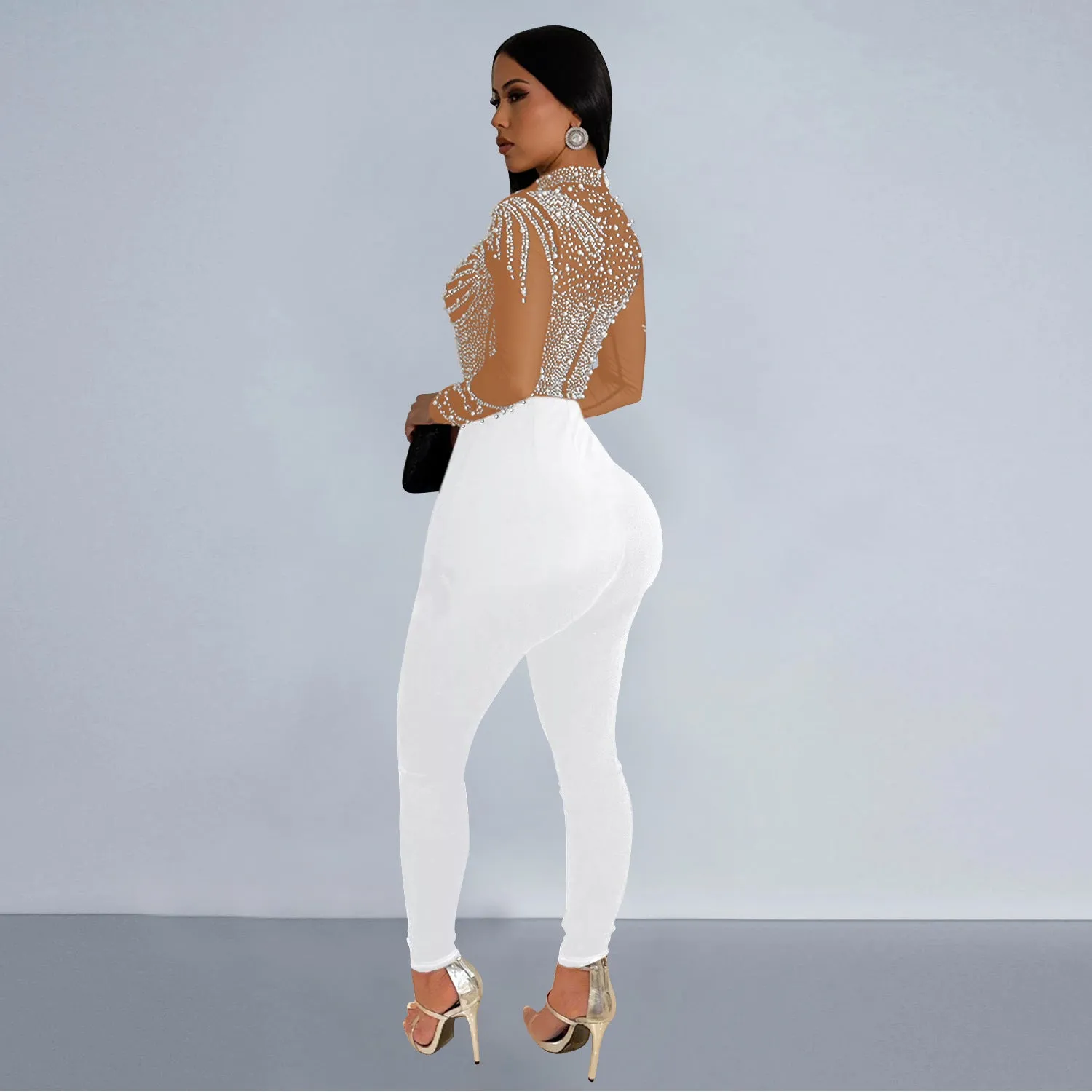 MB2202 diamond round neck long sleeve hollow out jumpsuit solid bodycon casual sexy bodysuit for women