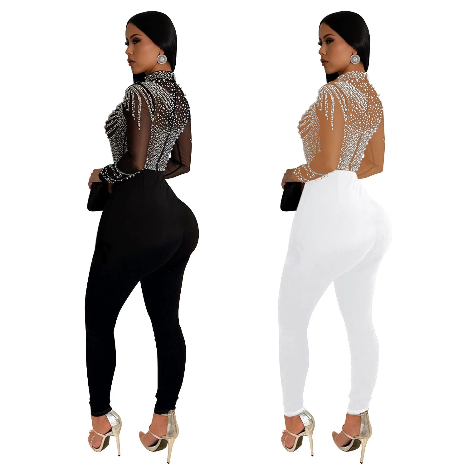 MB2202 diamond round neck long sleeve hollow out jumpsuit solid bodycon casual sexy bodysuit for women