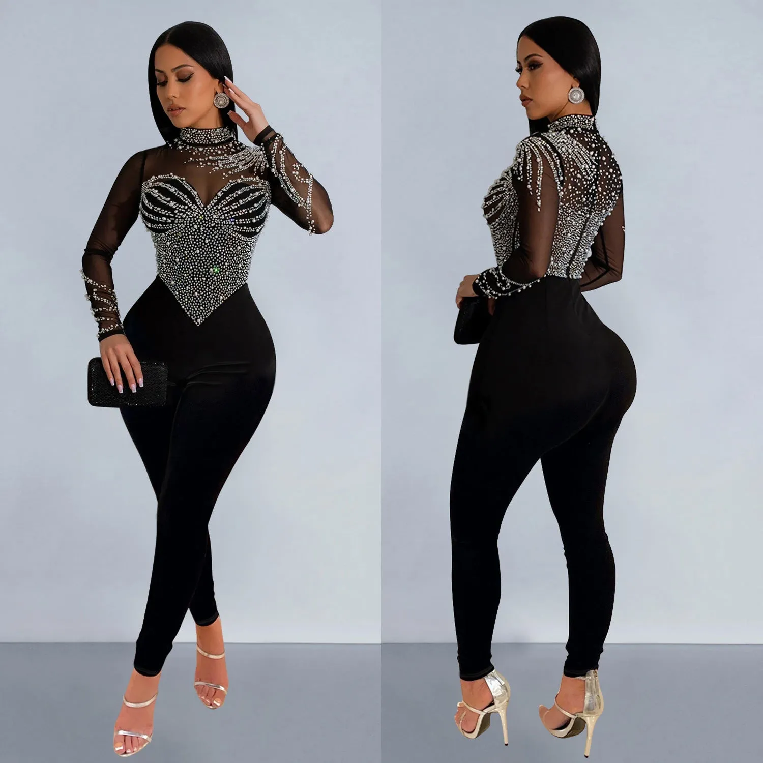 MB2202 diamond round neck long sleeve hollow out jumpsuit solid bodycon casual sexy bodysuit for women