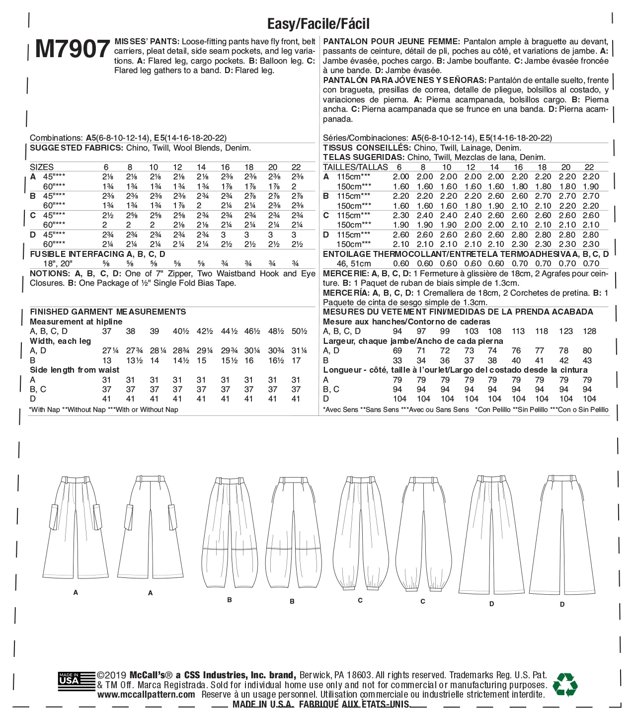 McCall's Pattern M7907 Misses' Pants