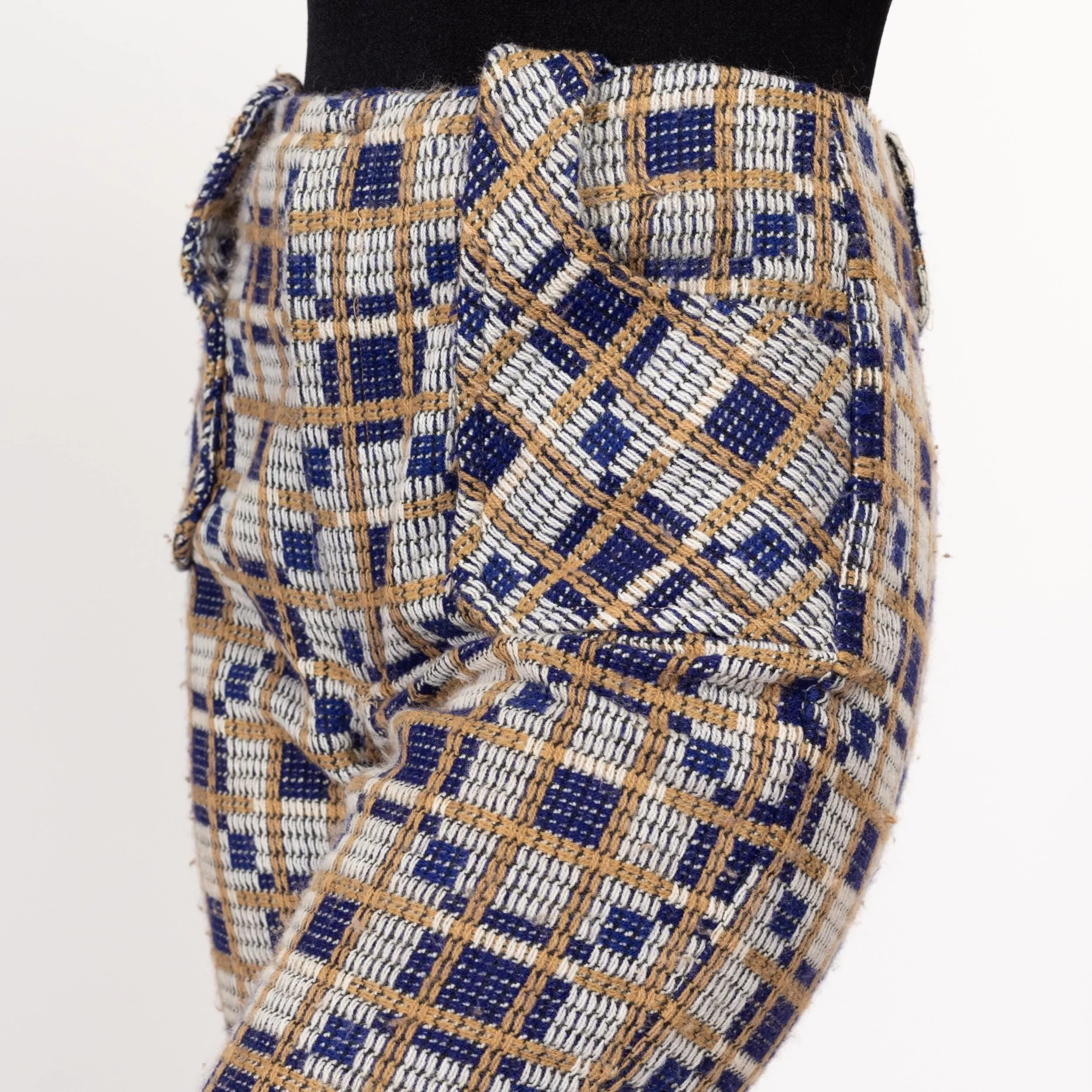 Medium 70s Blue & Brown Plaid Knit Flared Pants 28"