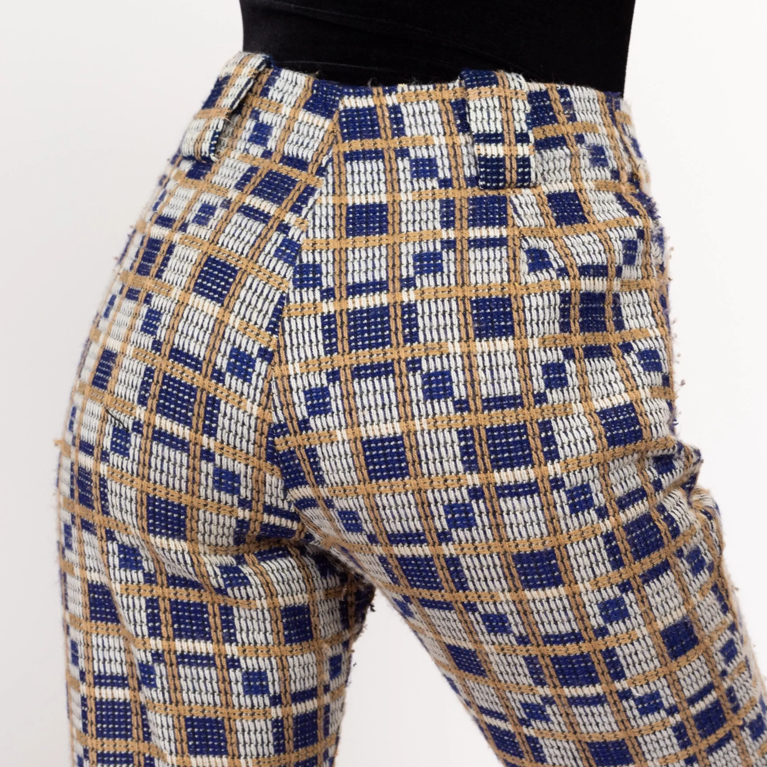 Medium 70s Blue & Brown Plaid Knit Flared Pants 28"