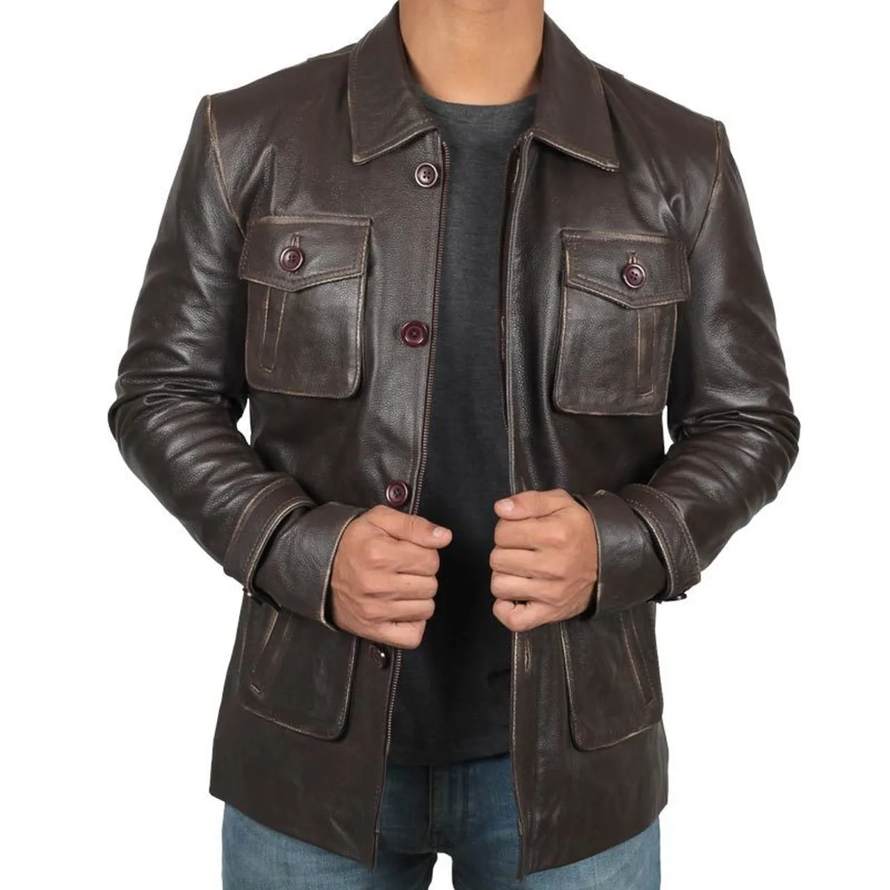 Men Atlanta Dark Brown Distressed Leather Jacket