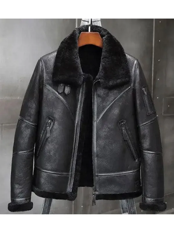 Men's Aviator Fur-Lined Leather Bomber Jacket - Winter Coat