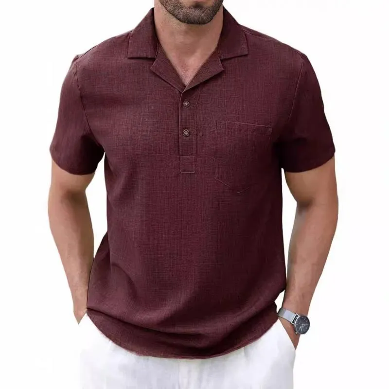 Men's Casual Cotton Linen Lapel Slim Fit Short-sleeved Pullover Shirt 90591156M