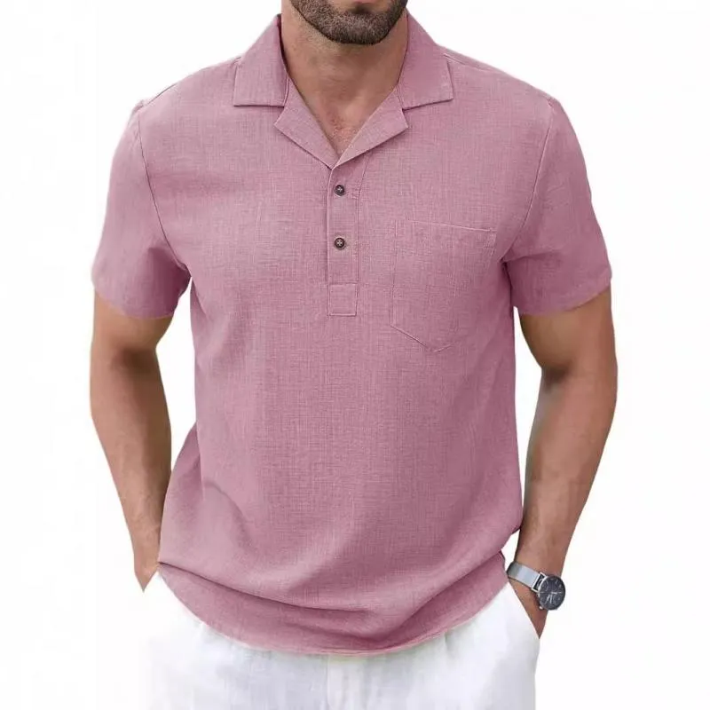 Men's Casual Cotton Linen Lapel Slim Fit Short-sleeved Pullover Shirt 90591156M