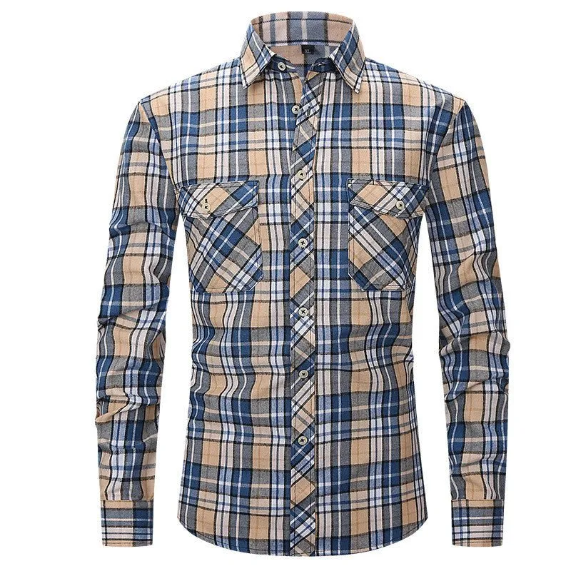 Men's Long Sleeve Double Pocket Flannel Shirt With Brushed Plaid