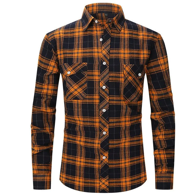 Men's Long Sleeve Double Pocket Flannel Shirt With Brushed Plaid