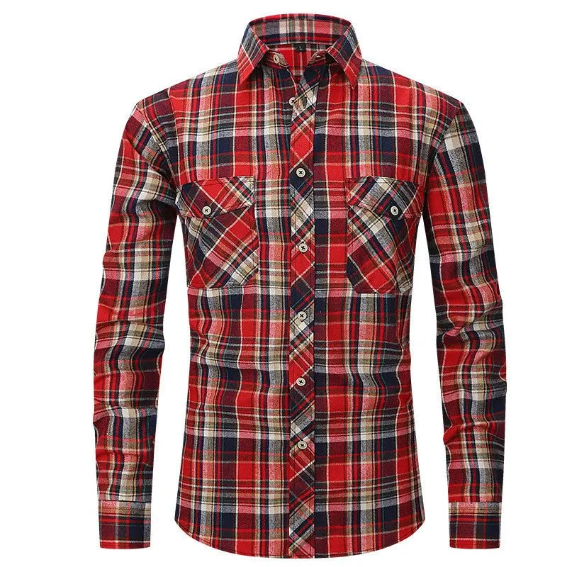 Men's Long Sleeve Double Pocket Flannel Shirt With Brushed Plaid