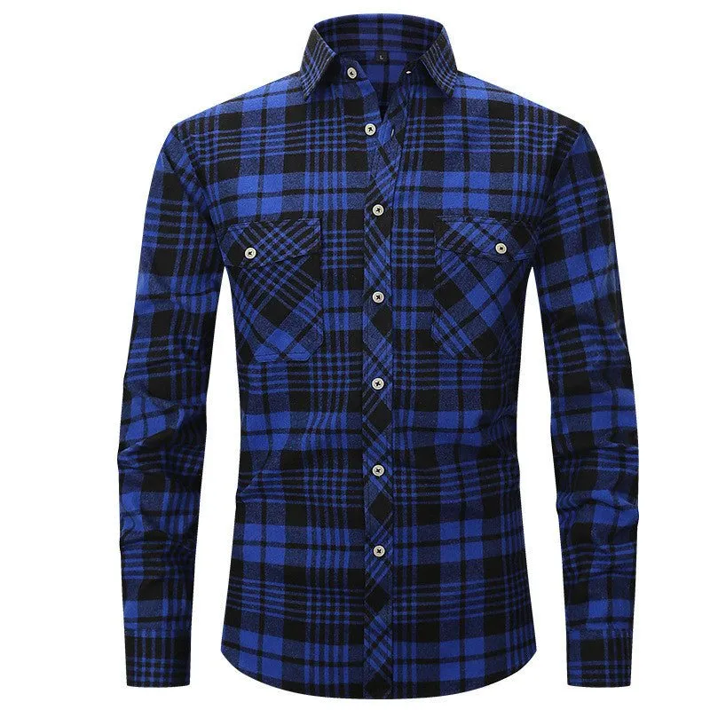 Men's Long Sleeve Double Pocket Flannel Shirt With Brushed Plaid