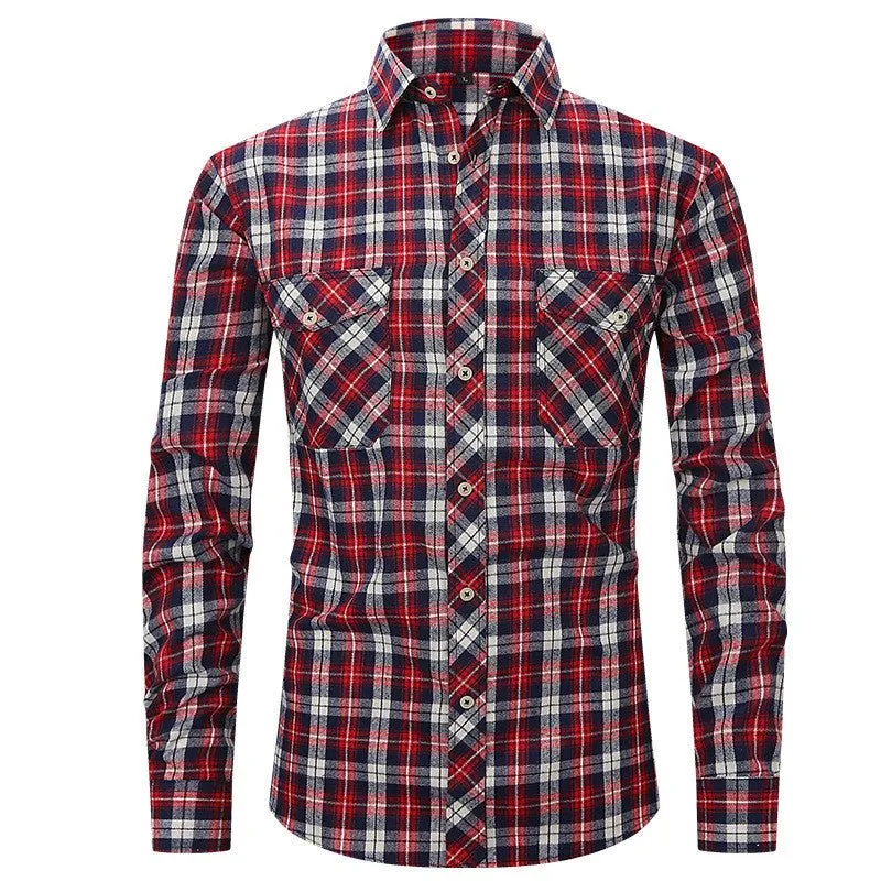 Men's Long Sleeve Double Pocket Flannel Shirt With Brushed Plaid