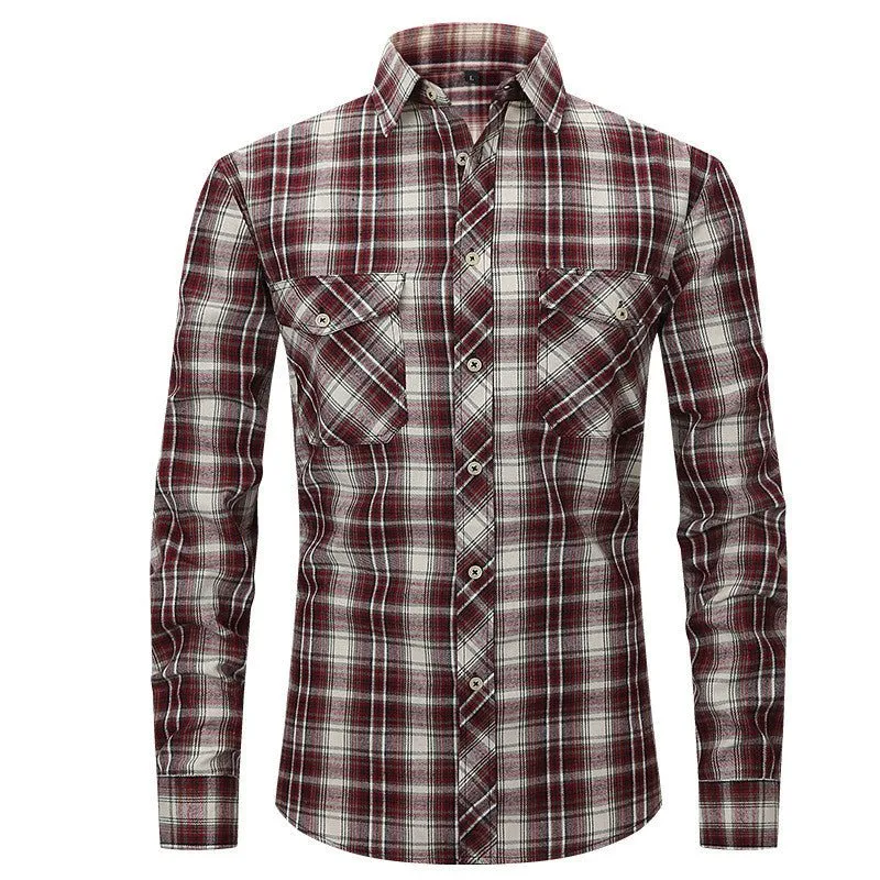 Men's Long Sleeve Double Pocket Flannel Shirt With Brushed Plaid