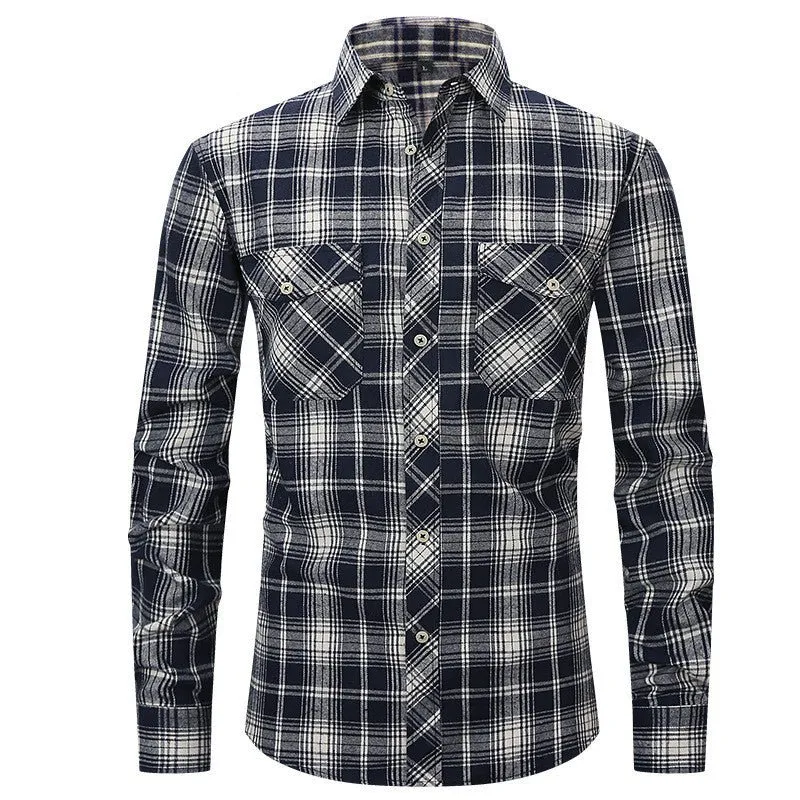 Men's Long Sleeve Double Pocket Flannel Shirt With Brushed Plaid