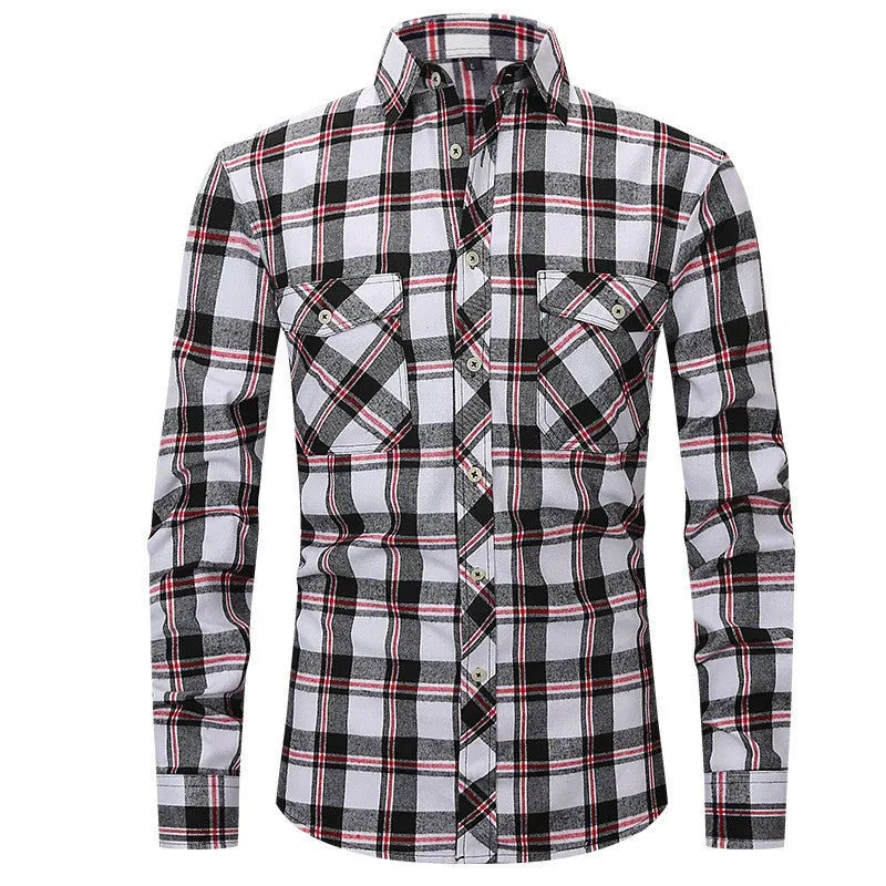 Men's Long Sleeve Double Pocket Flannel Shirt With Brushed Plaid