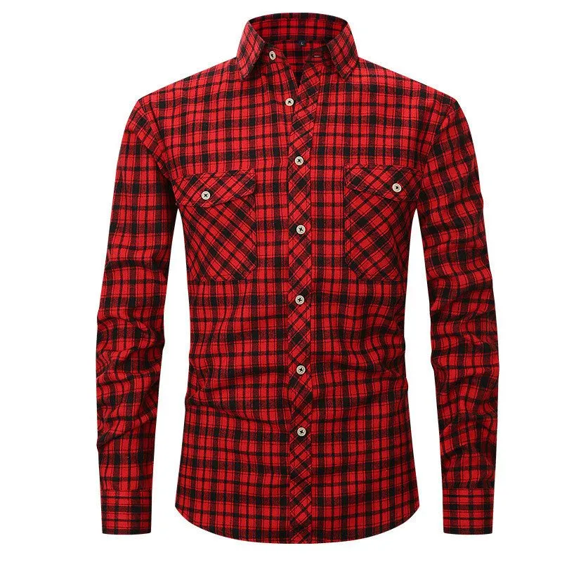 Men's Long Sleeve Double Pocket Flannel Shirt With Brushed Plaid