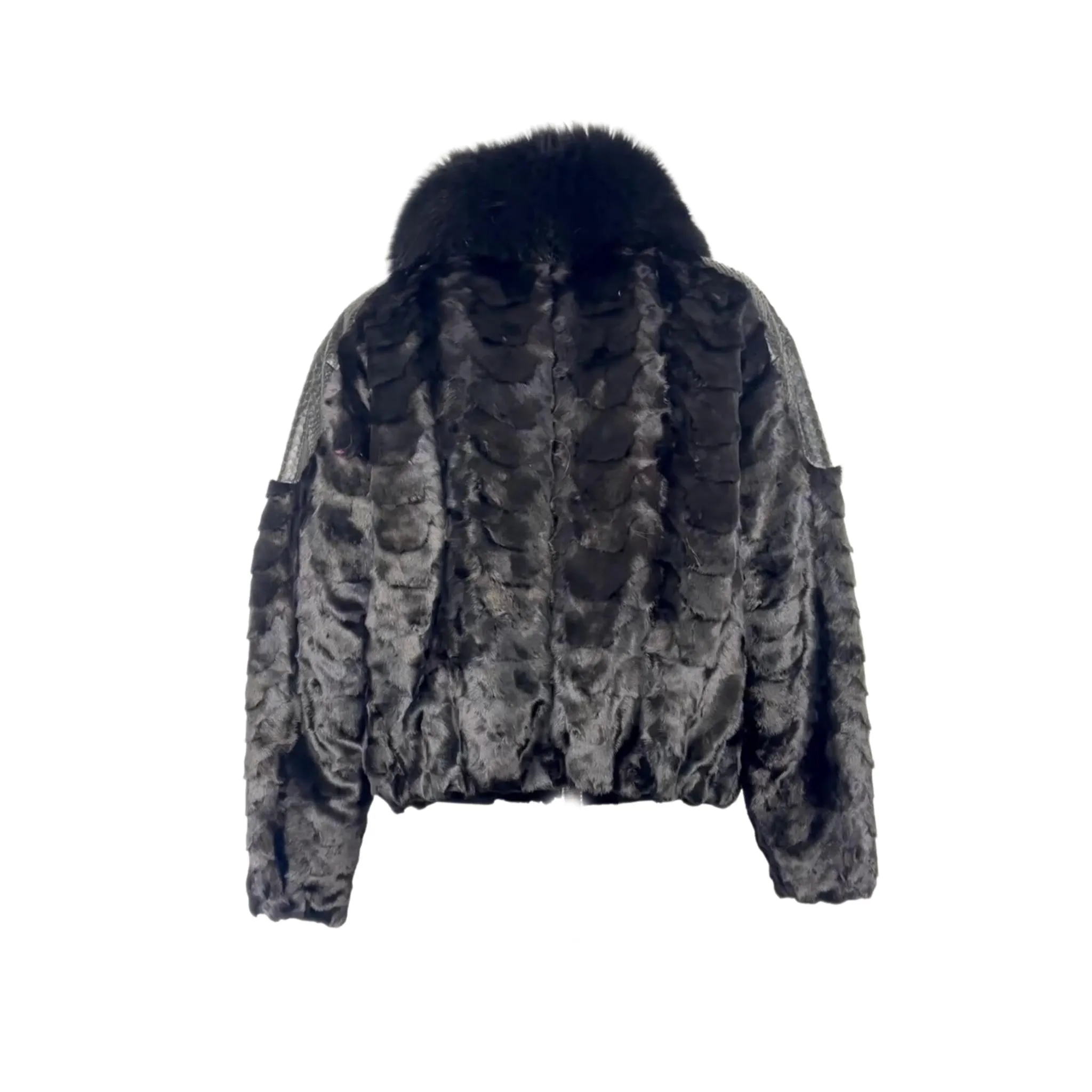 Men's Mink Section Bomber Jacket with Fox Collar and Python Trim # Z-7590