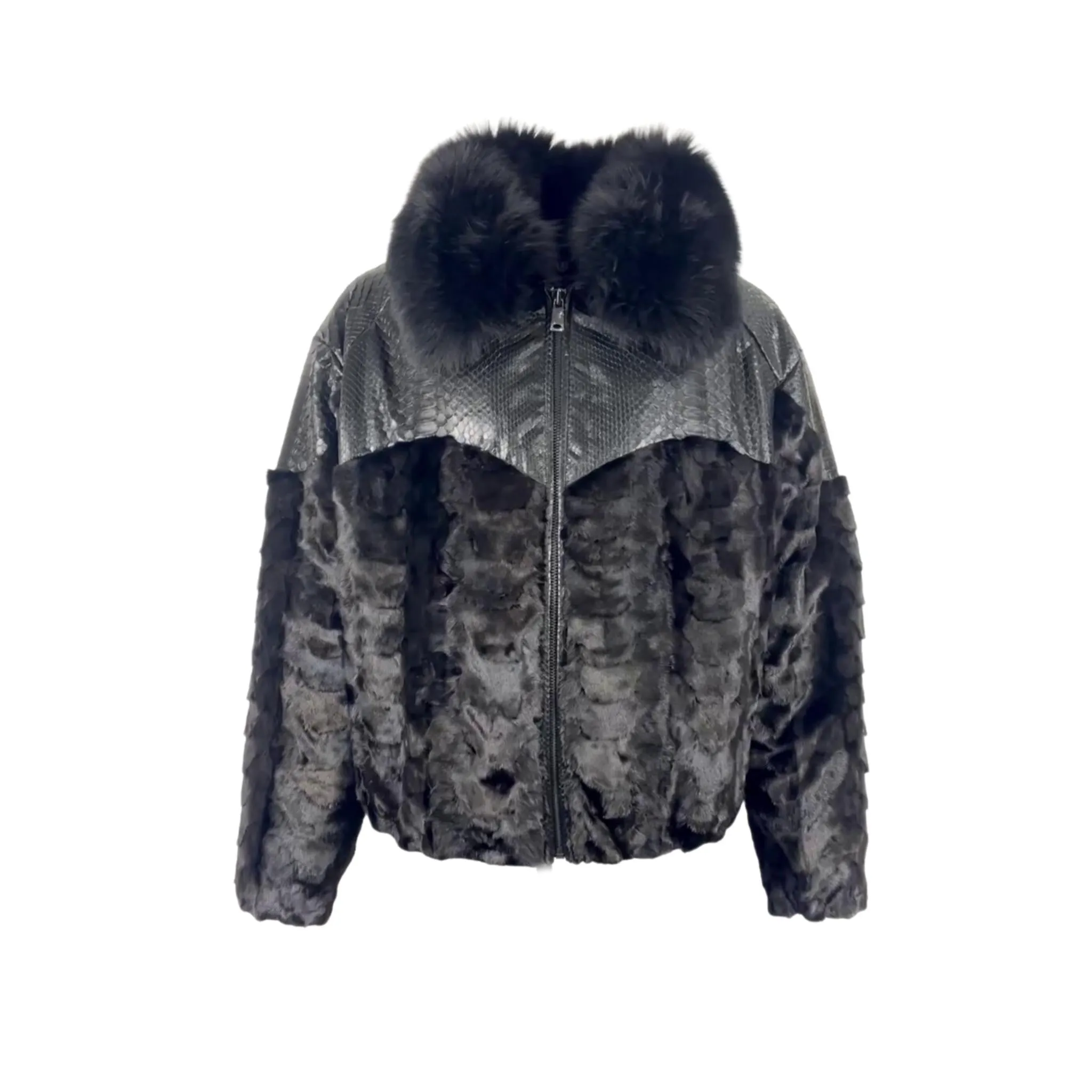 Men's Mink Section Bomber Jacket with Fox Collar and Python Trim # Z-7590