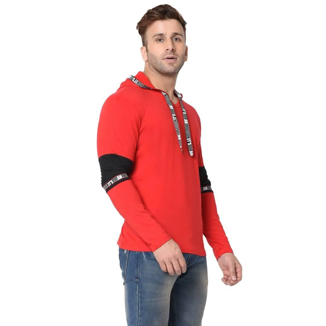 Men's Red Typography Cotton Self Pattern Hooded T-Shirt