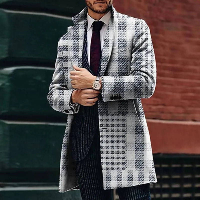 Men's Retro Houndstooth Woolen Coat - Casual Long Windbreaker with Turn-Down Collar and Pockets for Autumn & Winter