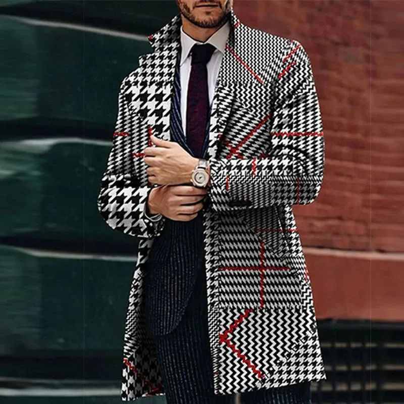 Men's Retro Houndstooth Woolen Coat - Casual Long Windbreaker with Turn-Down Collar and Pockets for Autumn & Winter