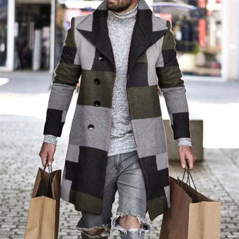 Men's Retro Houndstooth Woolen Coat - Casual Long Windbreaker with Turn-Down Collar and Pockets for Autumn & Winter