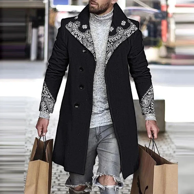 Men's Retro Houndstooth Woolen Coat - Casual Long Windbreaker with Turn-Down Collar and Pockets for Autumn & Winter