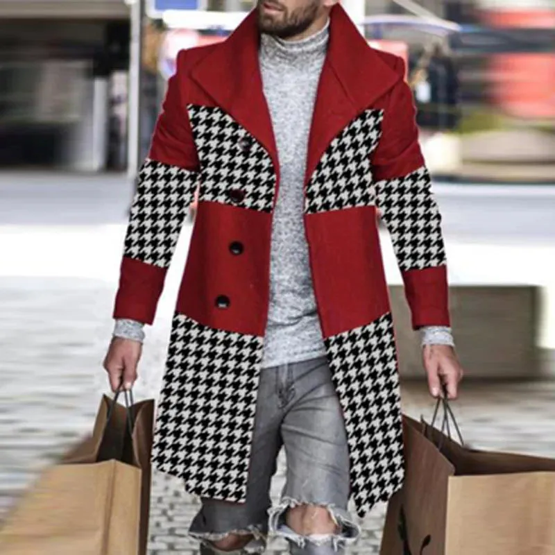 Men's Retro Houndstooth Woolen Coat - Casual Long Windbreaker with Turn-Down Collar and Pockets for Autumn & Winter