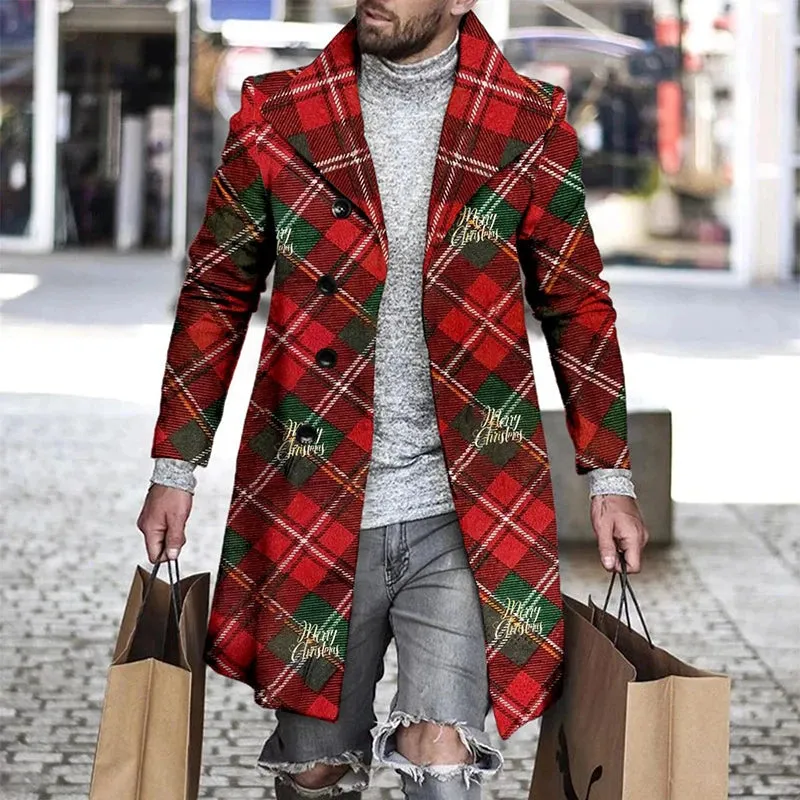 Men's Retro Houndstooth Woolen Coat - Casual Long Windbreaker with Turn-Down Collar and Pockets for Autumn & Winter